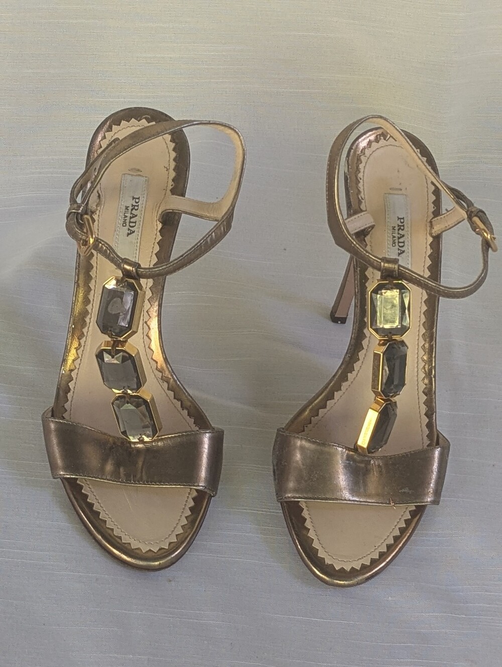 Prada Metallic Bronze Jeweled T-Strap Heels Sz 35/5